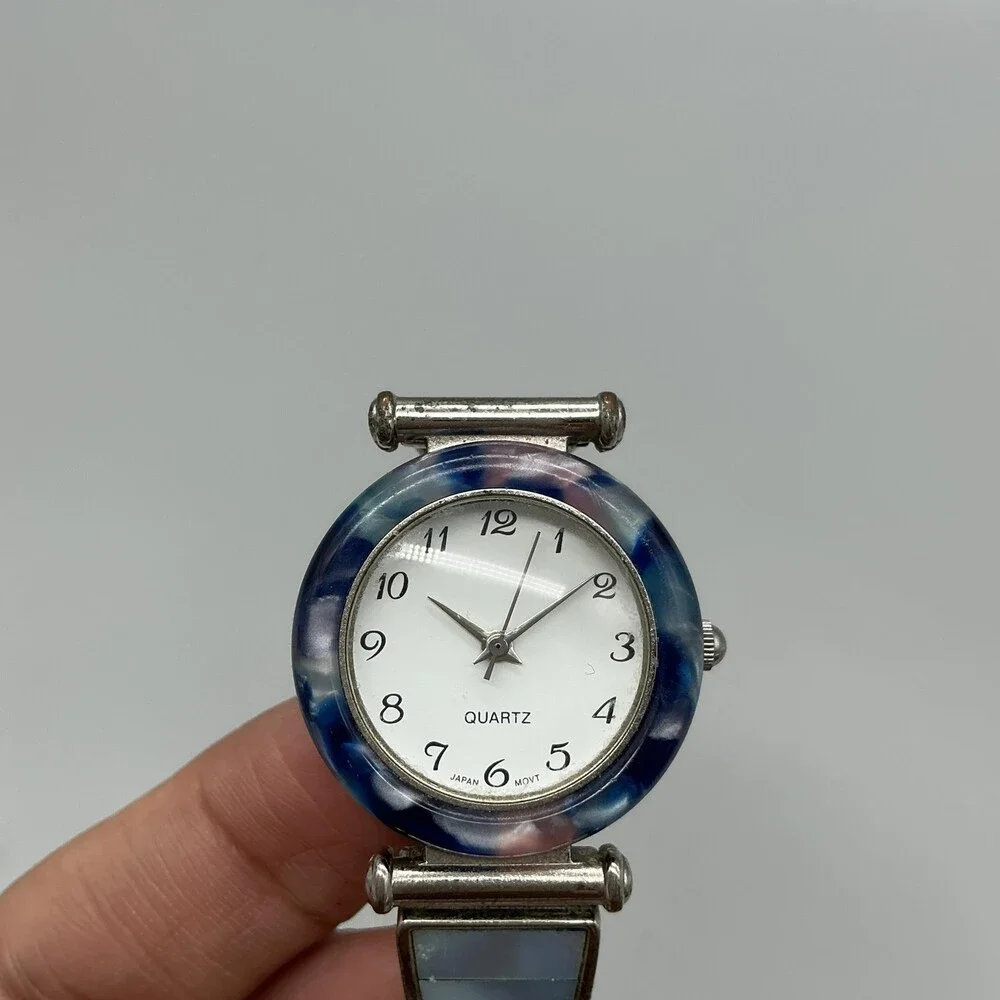 Avon F69038-1/P Women Watch 27mm Silver Tone Blue Bezel Stretch Band New Battery